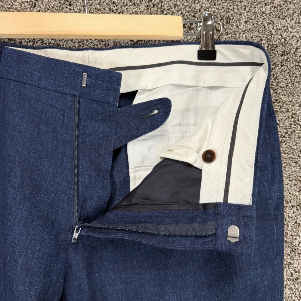 J Crew Ludlow Slim Pants Mens 32/32 Blue Ormezzano Linen Trousers UNHEMMED